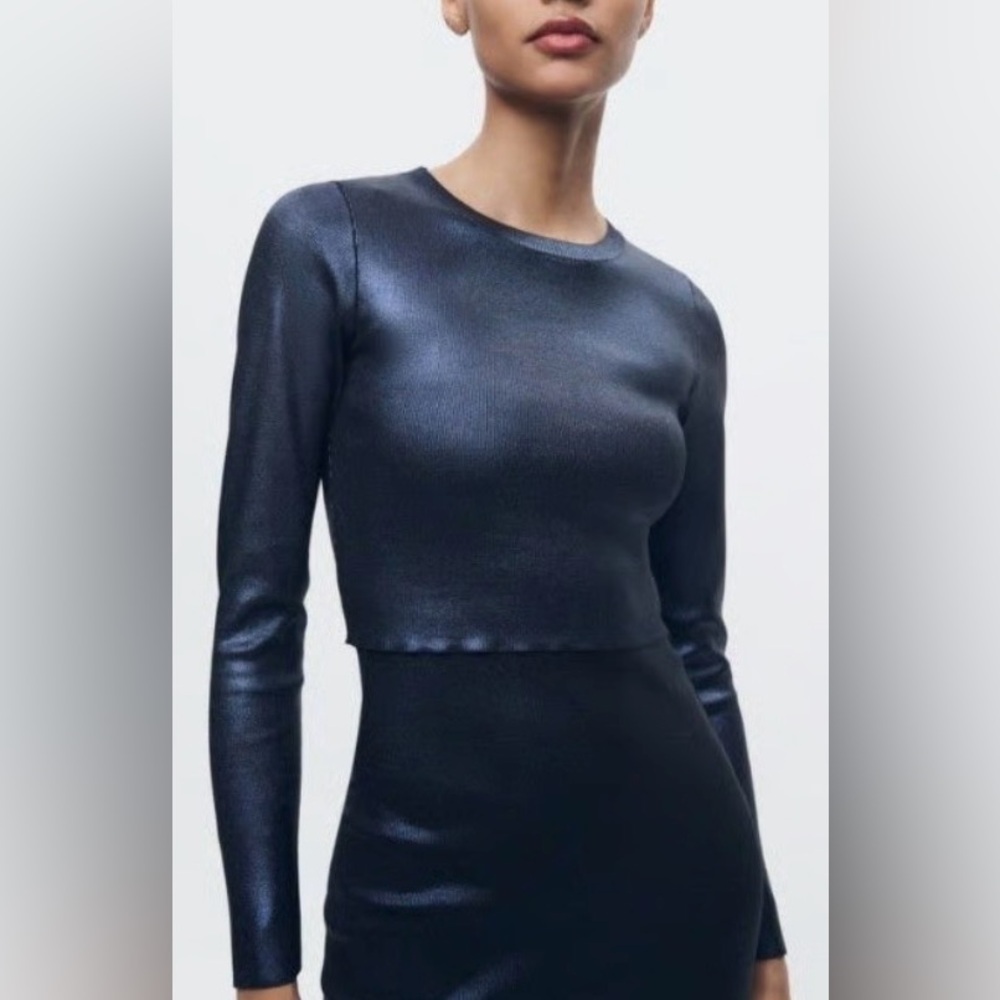 Zara Shimmering Navy Cropped Long Sleeve Top